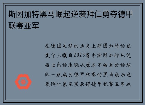 斯图加特黑马崛起逆袭拜仁勇夺德甲联赛亚军