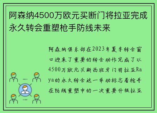 阿森纳4500万欧元买断门将拉亚完成永久转会重塑枪手防线未来